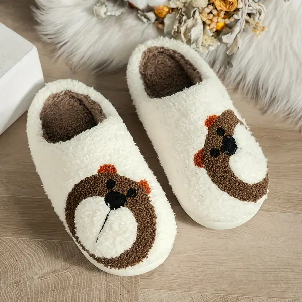 Women's Casual Bear Cartoon Plush Slippers - Animal Print Slip-on Cozy Bedroom Slippers with Non-Slip TPR Sole, Warm Fabric Lined Indoor House Shoes, Comfortable All-Season Footwear - Cixi-Origin