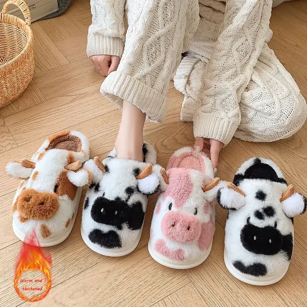 Cozy Cow Print Slippers for All -, Warm & Comfortable Indoor Shoes with Soft Sole, Machine Washable