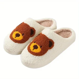 Cute Bear Pattern Slippers, Casual Slip On Plush Lined Shoes, Comfortable Indoor Home Slippers