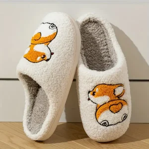 Cute Dog Pattern Slippers, Casual Slip On Plush Lined Shoes, Comfortable Indoor Home Slippers