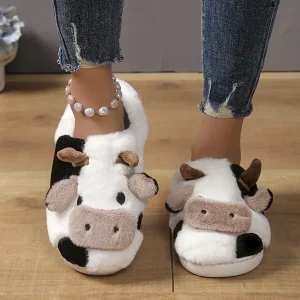 Cute Cartoon Cow Design Slippers, Casual Slip On Plush Lined Shoes, Comfortable Indoor Home Slippers