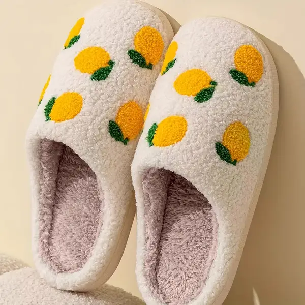 Cozy Fruit-Themed Women's Slippers - Lemon & Avocado Design, Warm Indoor Shoes with Non-Slip TPR Sole