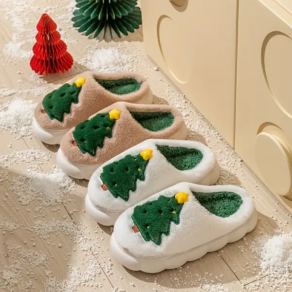 Christmas Thickened Warm Soft Comfortable Cute Cartoon Couple Cotton Slippers - Hand Washable, Fabric Upper, Linen Insole, TPR Sole, Solid Color, All-Season Winter Slippers