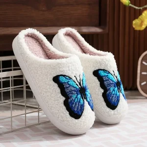 Warm Butterfly Pattern Slippers, Casual Slip On Plush Lined Shoes, Comfortable Indoor Home Slippers