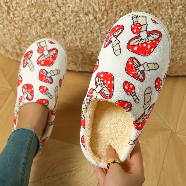 Cozy Mushroom Plush Slippers for Women - Soft, Warm & Non-Slip Indoor Shoes with Thick Fleece Lining