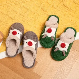 Queey Home Cozy Cartoon Reindeer Women's Slippers - Plush Indoor FOutdoor Shoes, Non-Slip Rubber Sole, Perfect For All Seasons