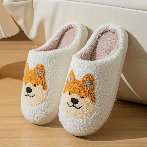 Cute Cartoon Dog Pattern Slippers, Casual Slip On Plush Lined Shoes, Comfortable Indoor Home Slippers