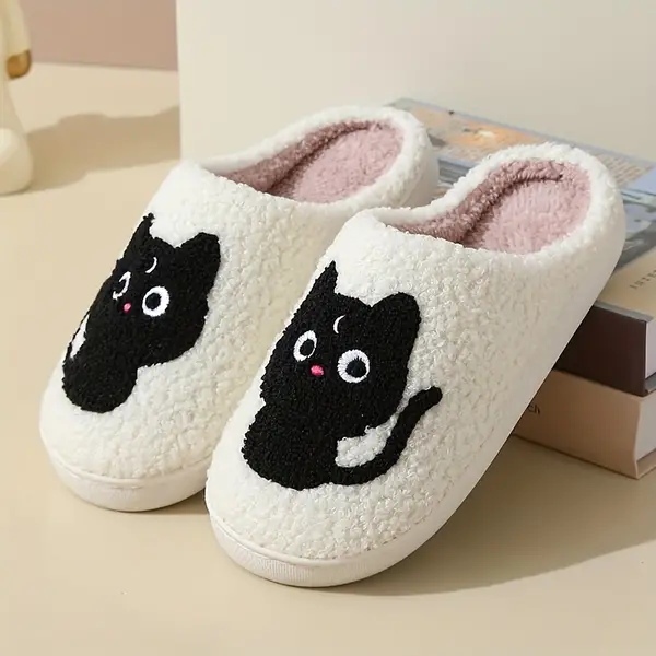 Cute Halloween Black Cat Plush Winter Slippers for Men & Women - Cozy Indoor Slip-Ons, Machine Washable, Soft Fabric, TPR Sole, Warm and Fluffy