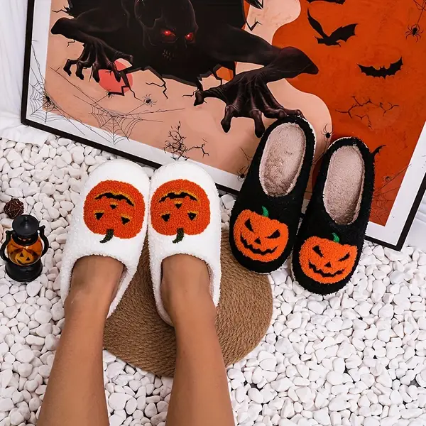 Men's Halloween Style Pumpkin Pattern Hollow Out Fuzzy Slippers, Comfy Non Slip Durable Thermal Slides, Men's Winter Indoor Footwear