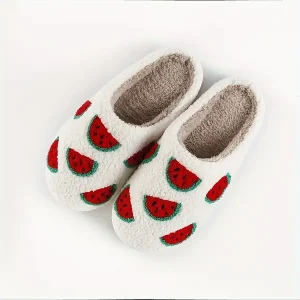 Cozy Watermelon Plush Women's Slippers - Winter Warm, Comfortable Indoor Shoes with Non-Slip TPR Sole, Machine Washable