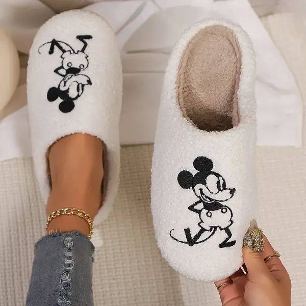 Women's Winter Slippers with Cartoon Embroidery, Cozy Plush Lining, Non-Slip TPR Sole, Soft Flat Fabric House Shoes, Indoor Warm Slides, All-Season Comfort Footwear