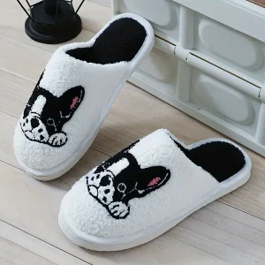 Cute Dog Pattern Slippers, Casual Slip On Plush Lined Shoes, Comfortable Indoor Home Slippers