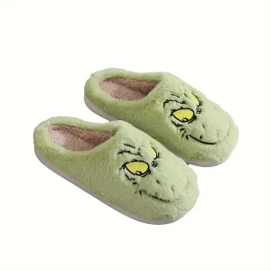 Fashion Cartoon Character Winter Slippers for Family - Cozy Plush Green Monster Slip-On Indoor Shoes with Anti-Slip EVA Sole - Hand Washable FDry Cleanable All-Season Comfort Footwear