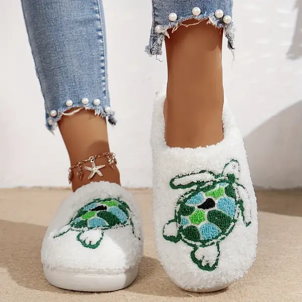 Cozy Turtle Print Plush Slippers for Women - Soft, Lightweight & Comfortable Indoor Shoes with Non-Slip Sole