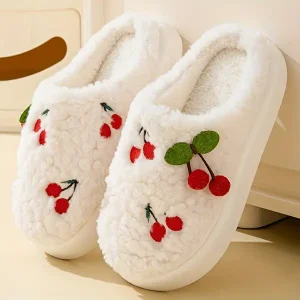 Cherry-Embroidered Winter Slippers for Women - Warm Plush Cotton Slides with Thick PVC Sole - Hand Washable, Cozy Slip-on House Shoes for Indoor Use