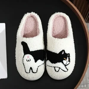 Men's Adorable Cartoon Cat Curly Thermal Slippers, Comfy Non Slip Casual Durable Soft Sole Slides, Men's Indoor Bedroom Shoes