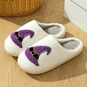 Elegant Witch Hat Cartoon Pattern Slippers for Women - Winter Warmth, Non-Slip, Cozy Fabric Insole, TPR Sole, Corduroy Interior, Hand Washable, All-Season Indoor Footwear