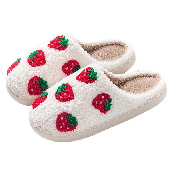 Cute Strawberry Plush Slippers, Cozy Indoor Closed Toe Fuzzy Shoes, Cozy & Warm Home Slippers