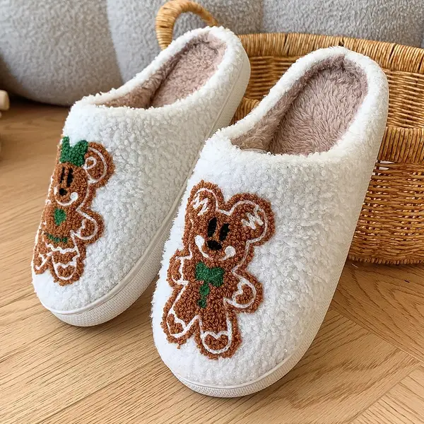 Cute Gingerbread Bear Embroidered Soft & Comfortable Anti-Slip Durable Indoor Slippers for Women - Cozy All-Season House Shoes