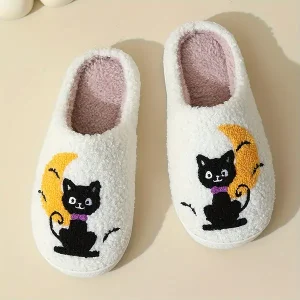 Cozy Halloween Moon Cat Cartoon Slippers for Women - Non-Slip, Warm Indoor Shoes with Soft Fabric Lining