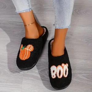 Women's Casual Comfort Slippers with Cartoon Pumpkin 'BOO' Design, Hand Washable, Slip-on Fabric Slippers with TPR Sole for All Seasons, Indoor Anti-Slip Cozy Plush Home Shoes - Cixi Production Area