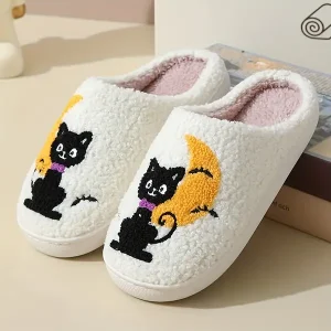 Halloween Cartoon Black Cat & Crescent Moon Warm Winter Cotton Slippers, Unisex Couple Home Indoor Slip-On Footwear with Soft Fabric Upper and TPR Sole, Hand Washable