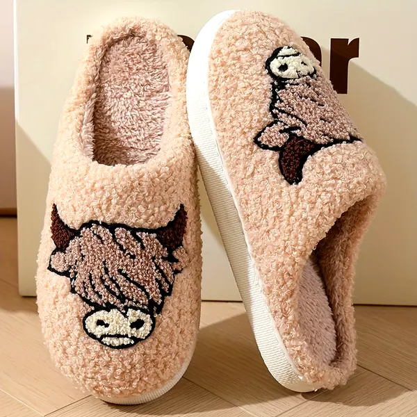 Cozy Cartoon Cow Print Plush Slippers for Women - Warm, Non-Slip Indoor Shoes with Soft Sole for Winter Comfort