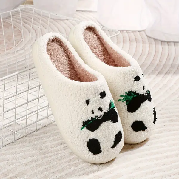 Women's Minimalist Cartoon Panda Embroidered Slippers - Cozy Fabric Slip-On House Shoes with Anti-Slip EVA Sole for Indoor Use, All-Season Comfort Footwear