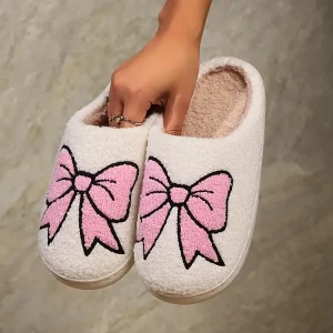 Festive Cartoon Bow Slipper - Soft Fleece, Rubber Sole, and Warm Fabric Interior