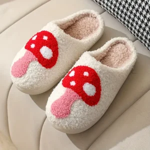 Honey Girl Style Mushroom Motif Cozy Fluffy Warm Cotton Slippers ?C Women's Indoor Slip-On Winter House Shoes with Fabric Upper, TPR Sole, North America & European Special from Cixi ?C Winter Collection