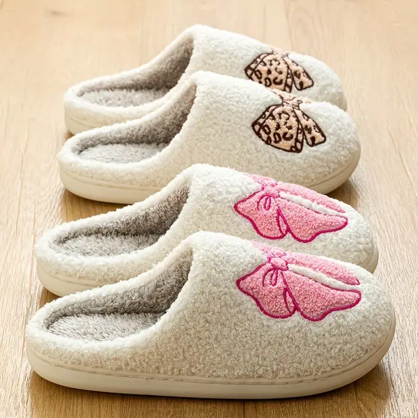 Bowknot Pattern Slippers, Casual Slip On Plush Lined Shoes, Comfortable Indoor Home Slippers